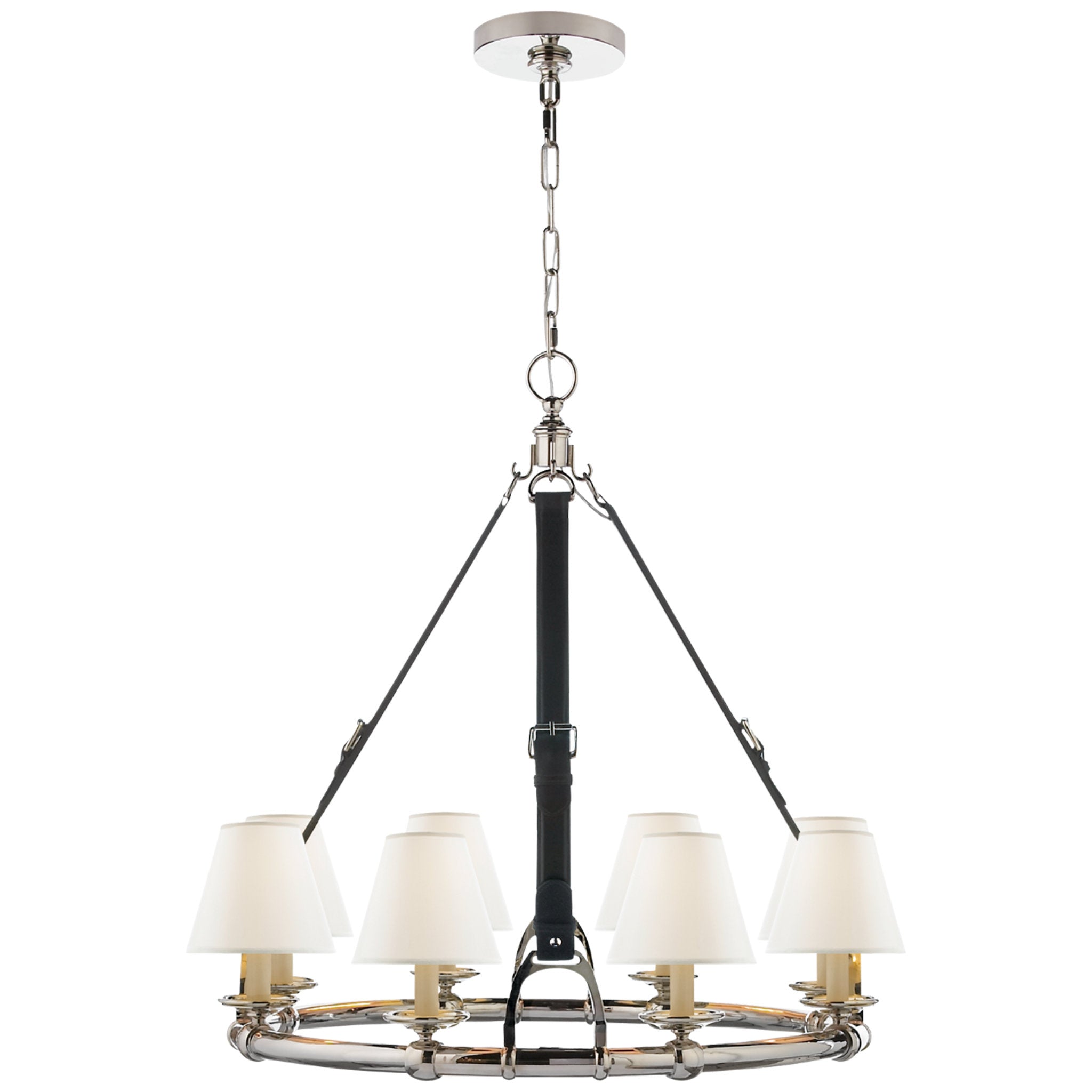 Ralph Lauren Westbury Chandelier in Polished Nickel and Chocolate Leather with Linen Shades Ceiling Light W30.25" x H31"