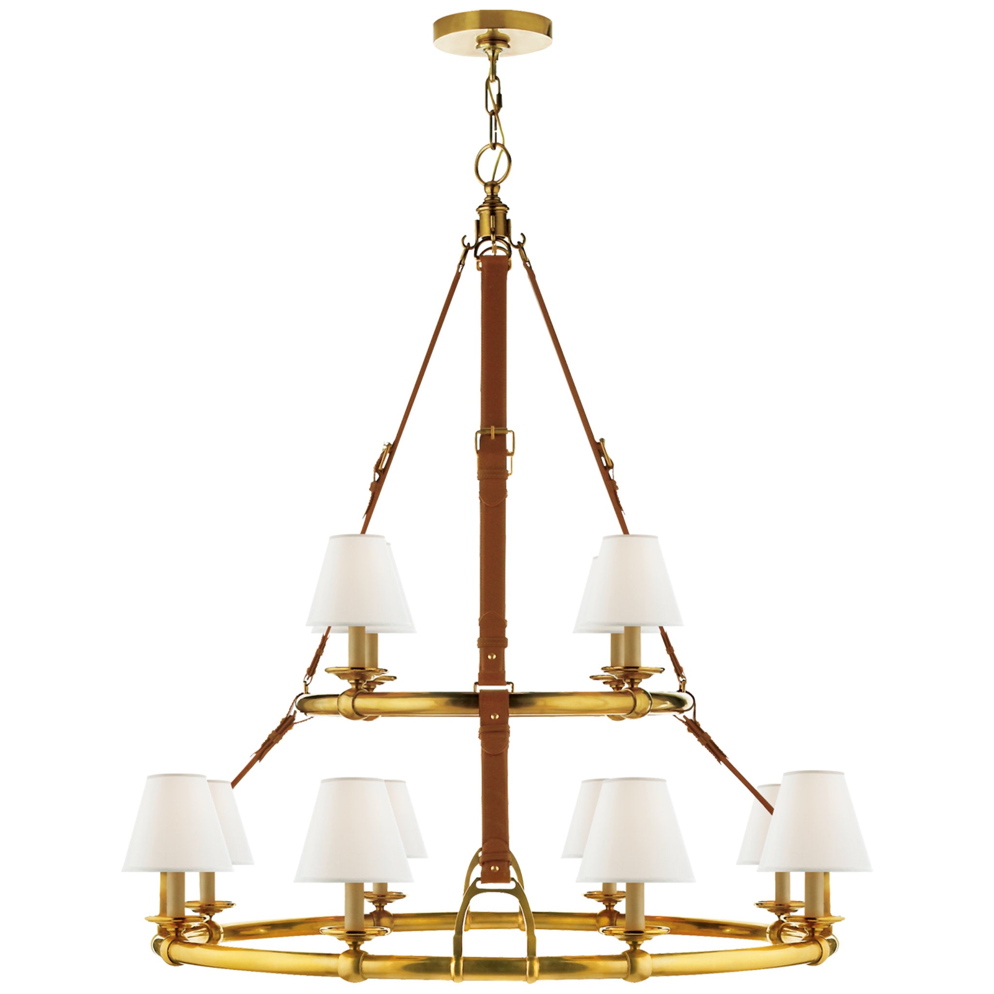 Ralph Lauren Westbury Double Tier Chandelier in Natural Brass and Saddle Leather with Linen Shades Ceiling Light W43" x H45"