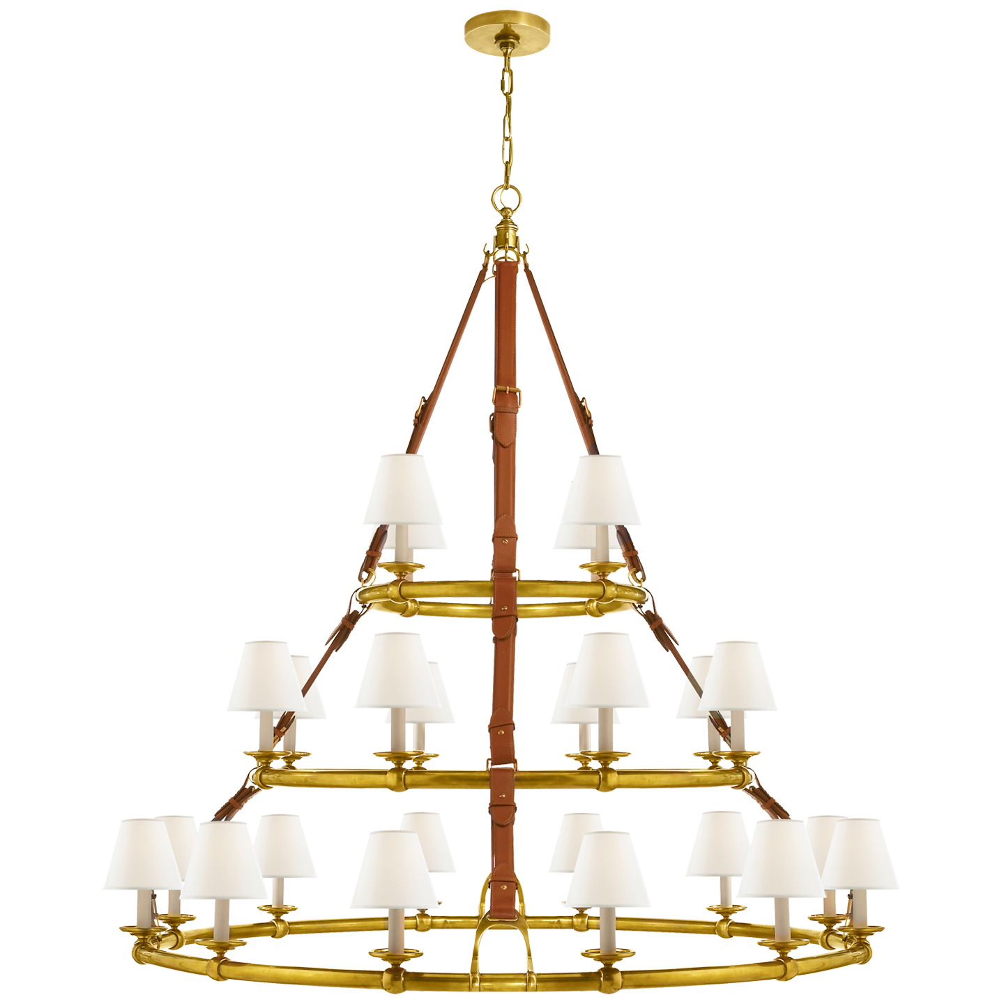 Ralph Lauren Westbury Triple Tier Chandelier in Natural Brass and Saddle Leather with Linen Shades Ceiling Light W57" x H57"