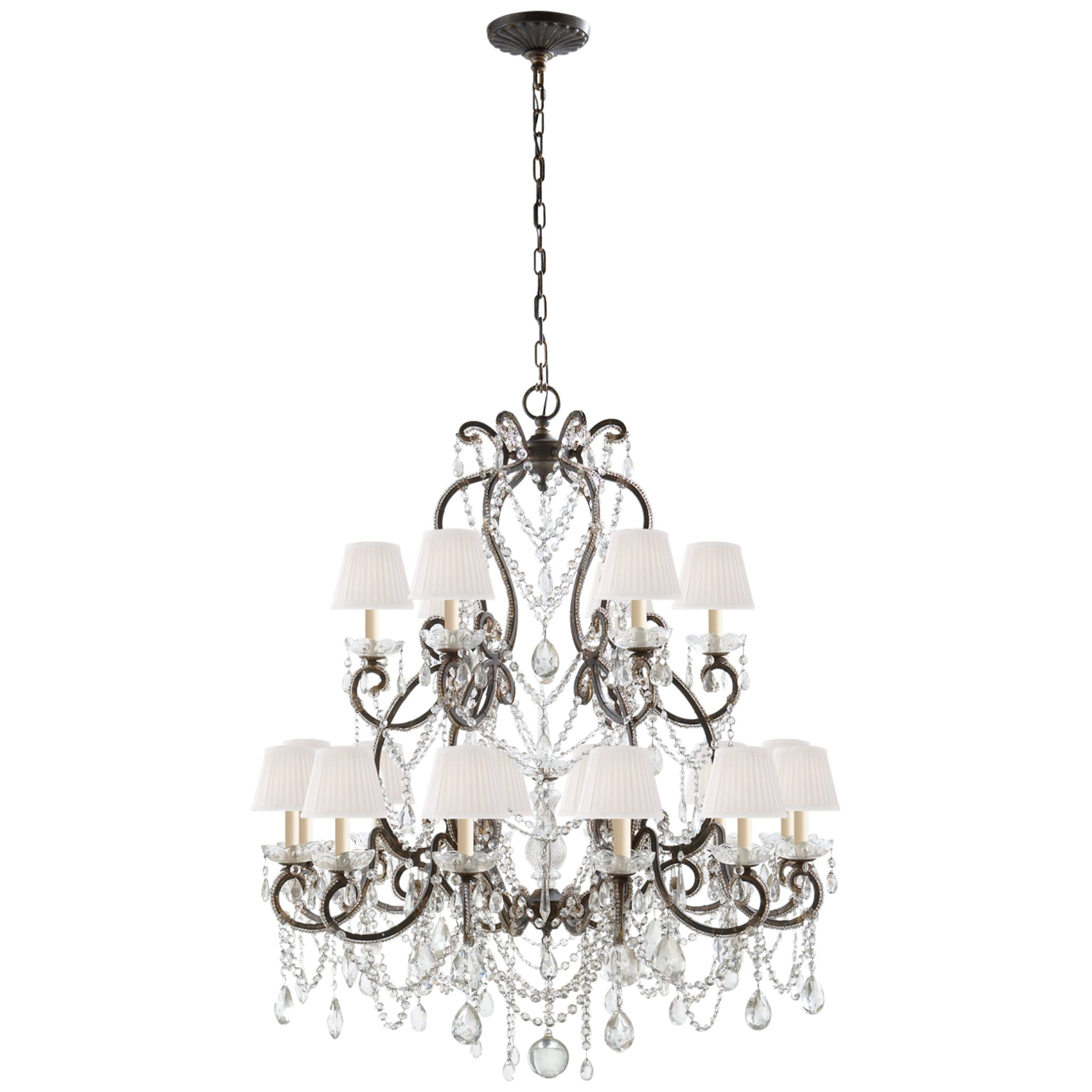 Ralph Lauren Adrianna Medium Chandelier in Antique Gild and Antiqued Crystal and Silk Shades Ceiling Light W37.75" x H44"