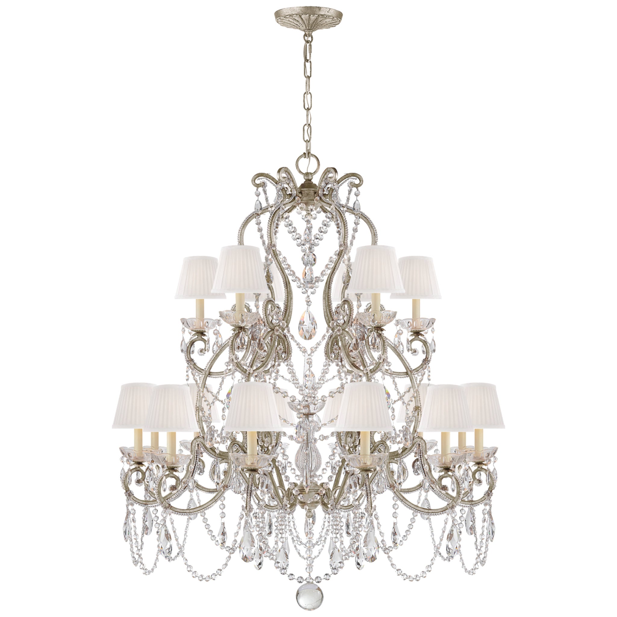Ralph Lauren Adrianna Medium Chandelier in Antique Silver Leaf and Crystal with Silk Shades Ceiling Light W37.75" x H44"