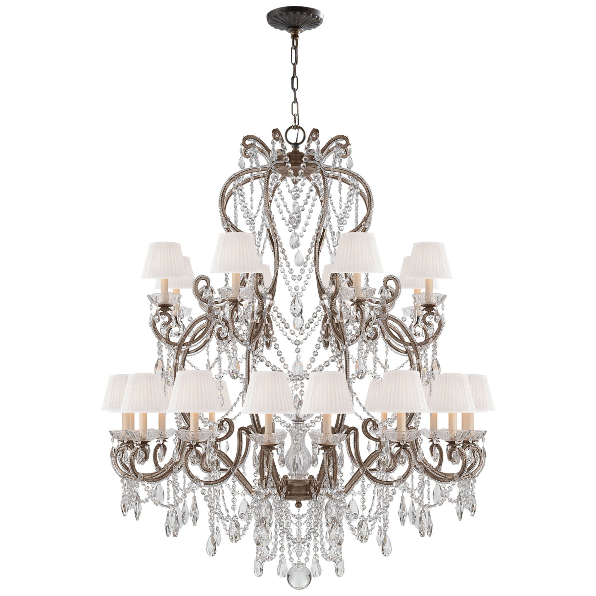 Ralph Lauren Adrianna Large Chandelier in Antique Gild and Antiqued Crystal and Silk Shades Ceiling Light W44" x H54"