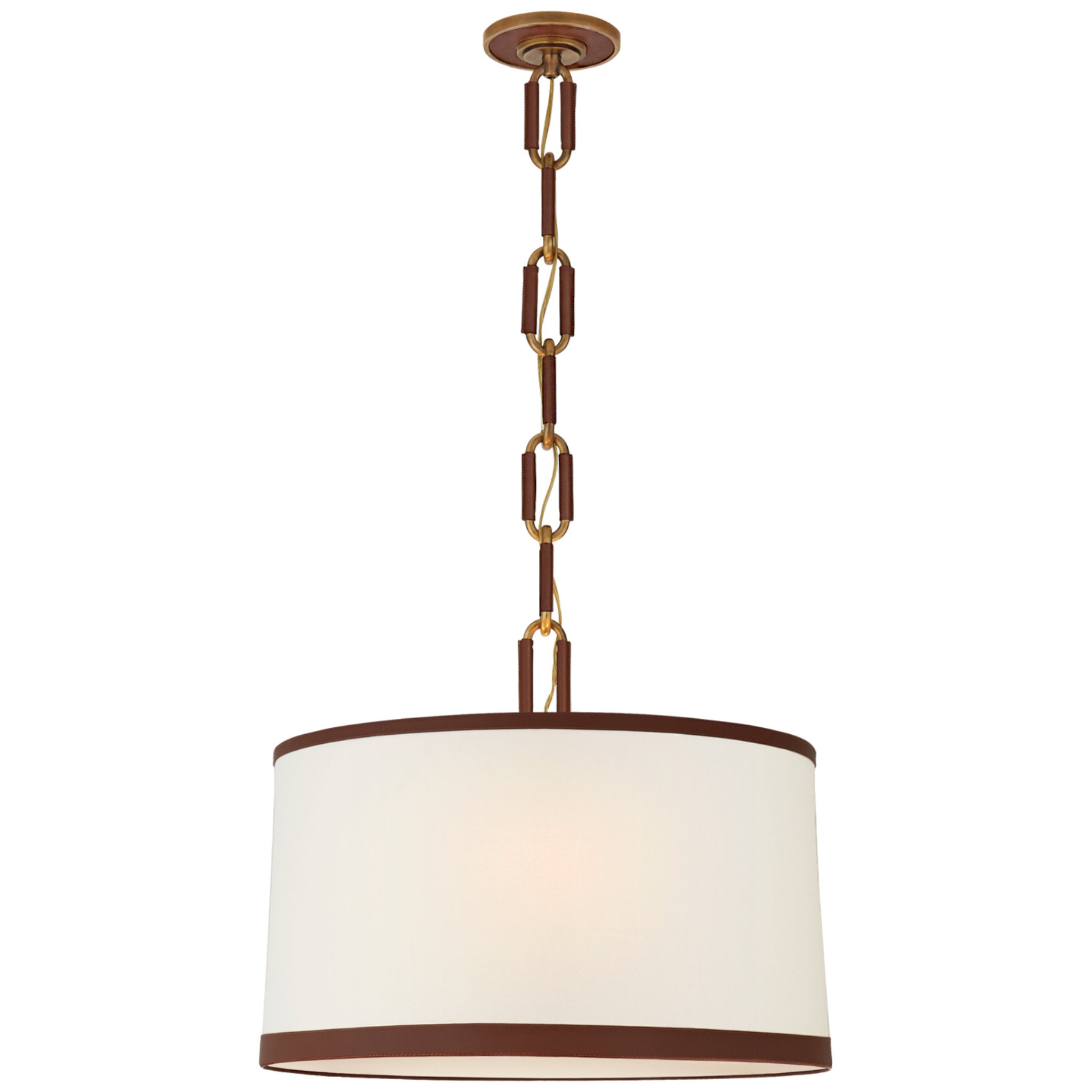 Ralph Lauren Cody Medium Hanging Shade in Natural Brass with Linen Shade and Saddle Leather Trim Ceiling Light W24"