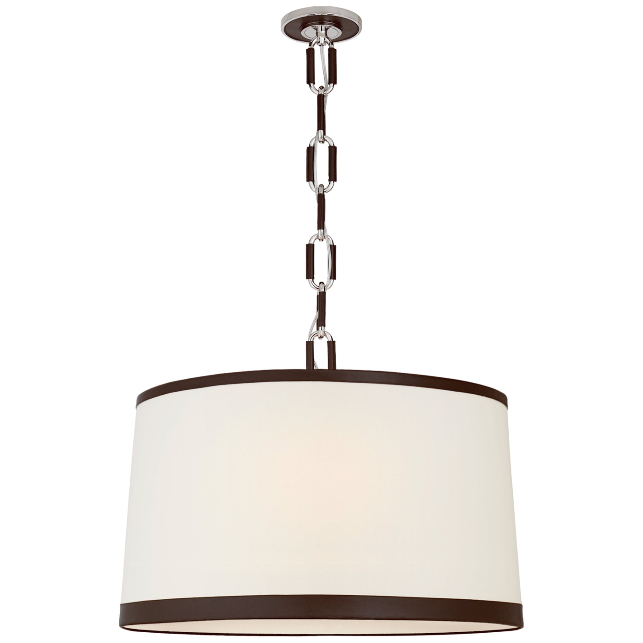 Ralph Lauren Cody Large Hanging Shade in Polished Nickel with Linen Shade and Chocolate Leather Trim Ceiling Light W32"