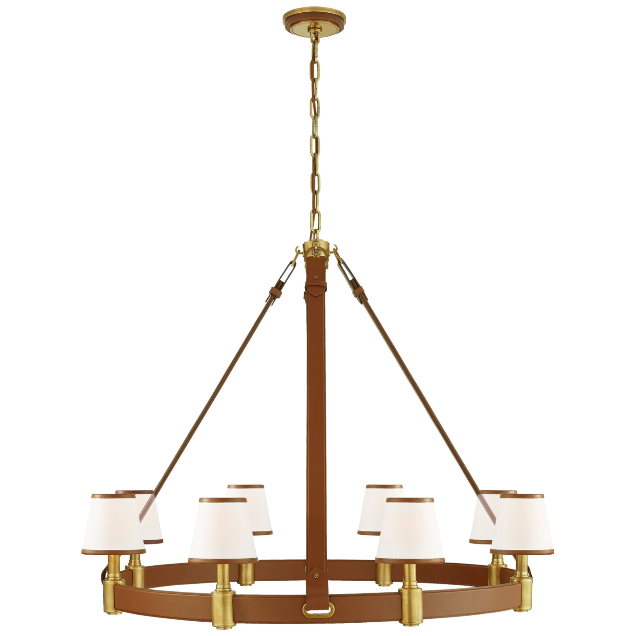 Ralph Lauren Riley Large Ring Chandelier in Natural Brass and Saddle Leather with Leather Trimmed Linen Shades Ceiling Light W47.75" x H40"