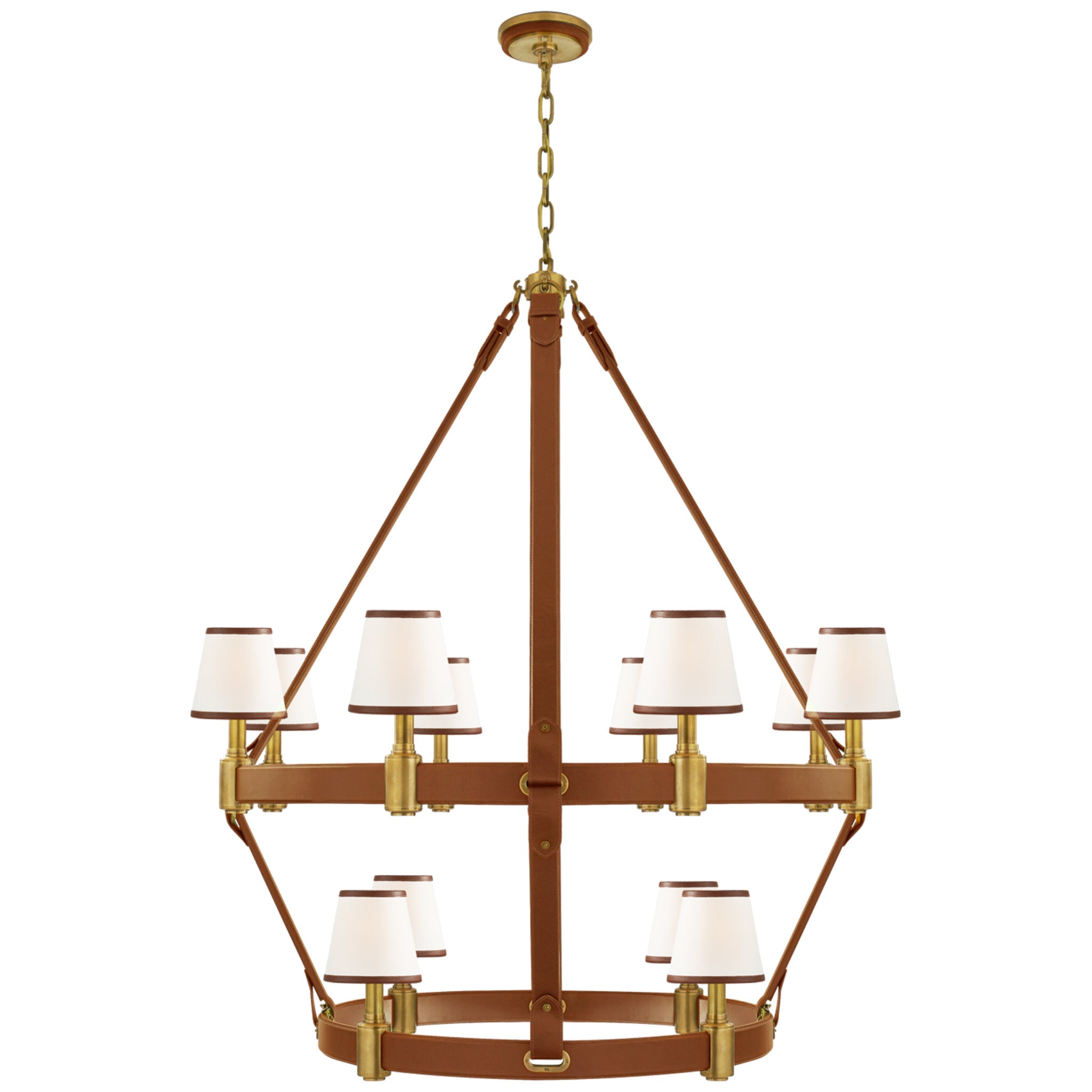 Ralph Lauren Riley Large Two Tier Chandelier in Natural Brass and Saddle Leather with Leather Trimmed Linen Shades Ceiling Light W45.25" x H54"