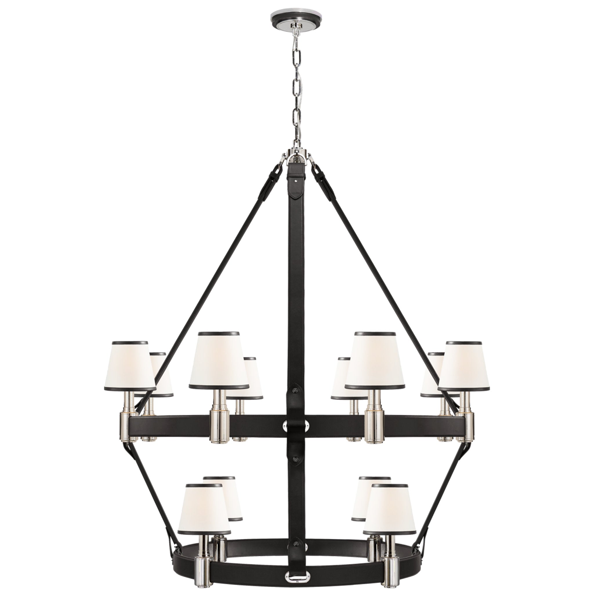 Ralph Lauren Riley Large Two Tier Chandelier in Nickel and Chocolate Leather with Leather Trimmed Linen Shades Ceiling Light W45.25" x H54"