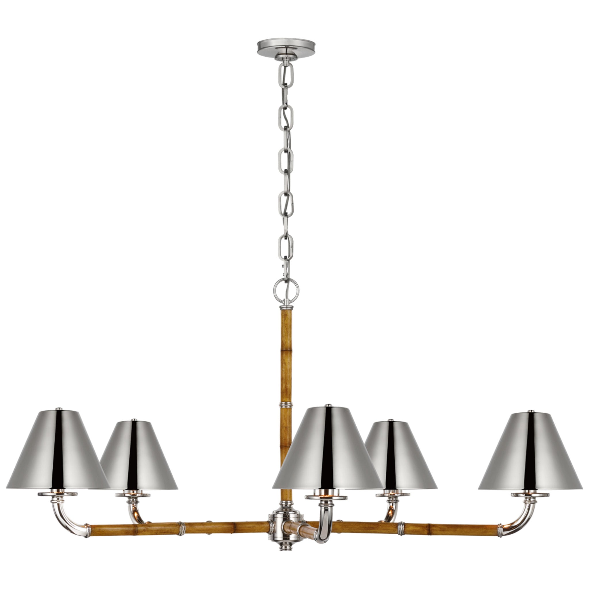 Ralph Lauren Dalfern Large Chandelier in Waxed Bamboo and Polished Nickel with Polished Nickel Shades Ceiling Light W47.25" x H23"