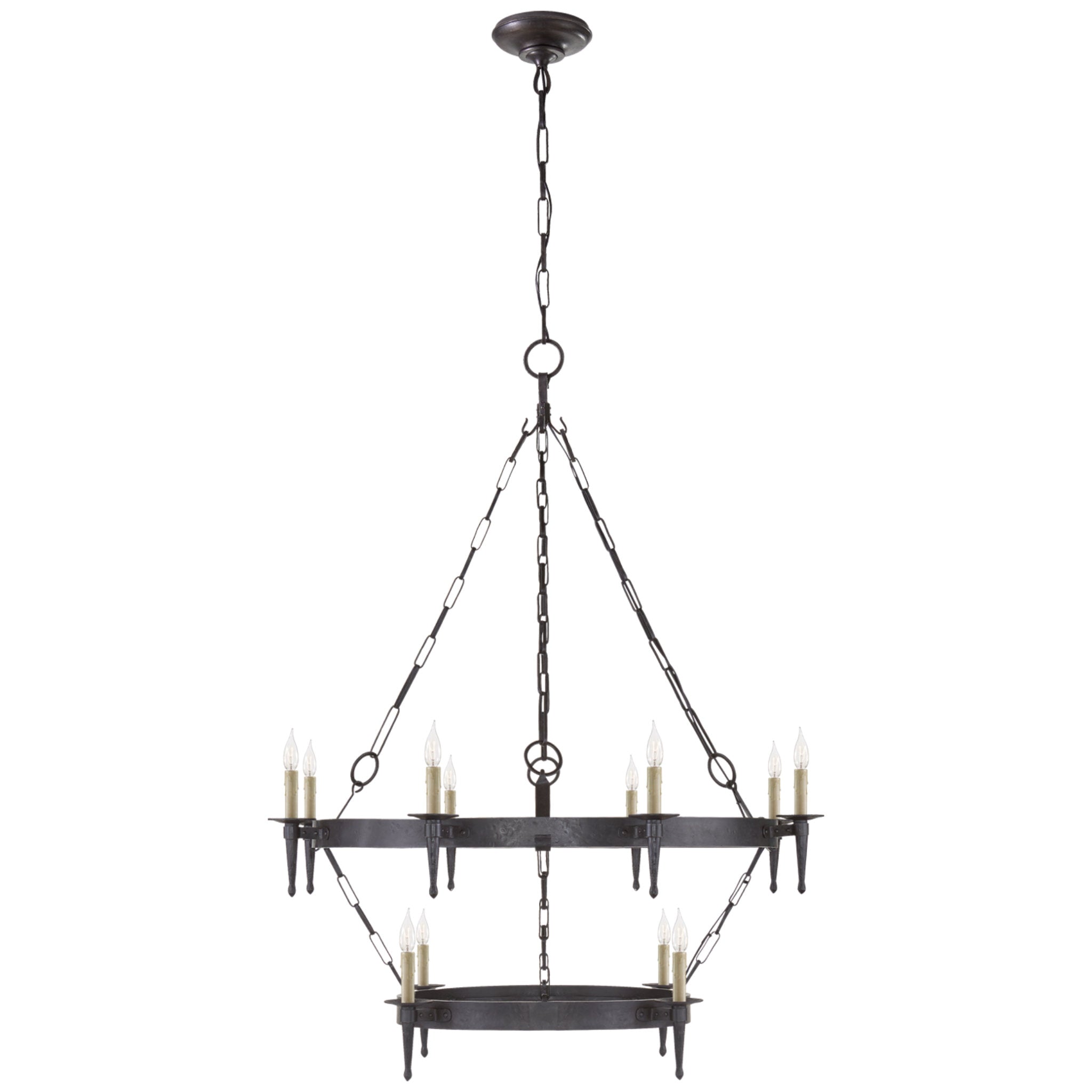 Ralph Lauren Branson Medium Two-Tiered Ring Torch Chandelier in Aged Iron Ceiling Light W48.5" x H54.5"