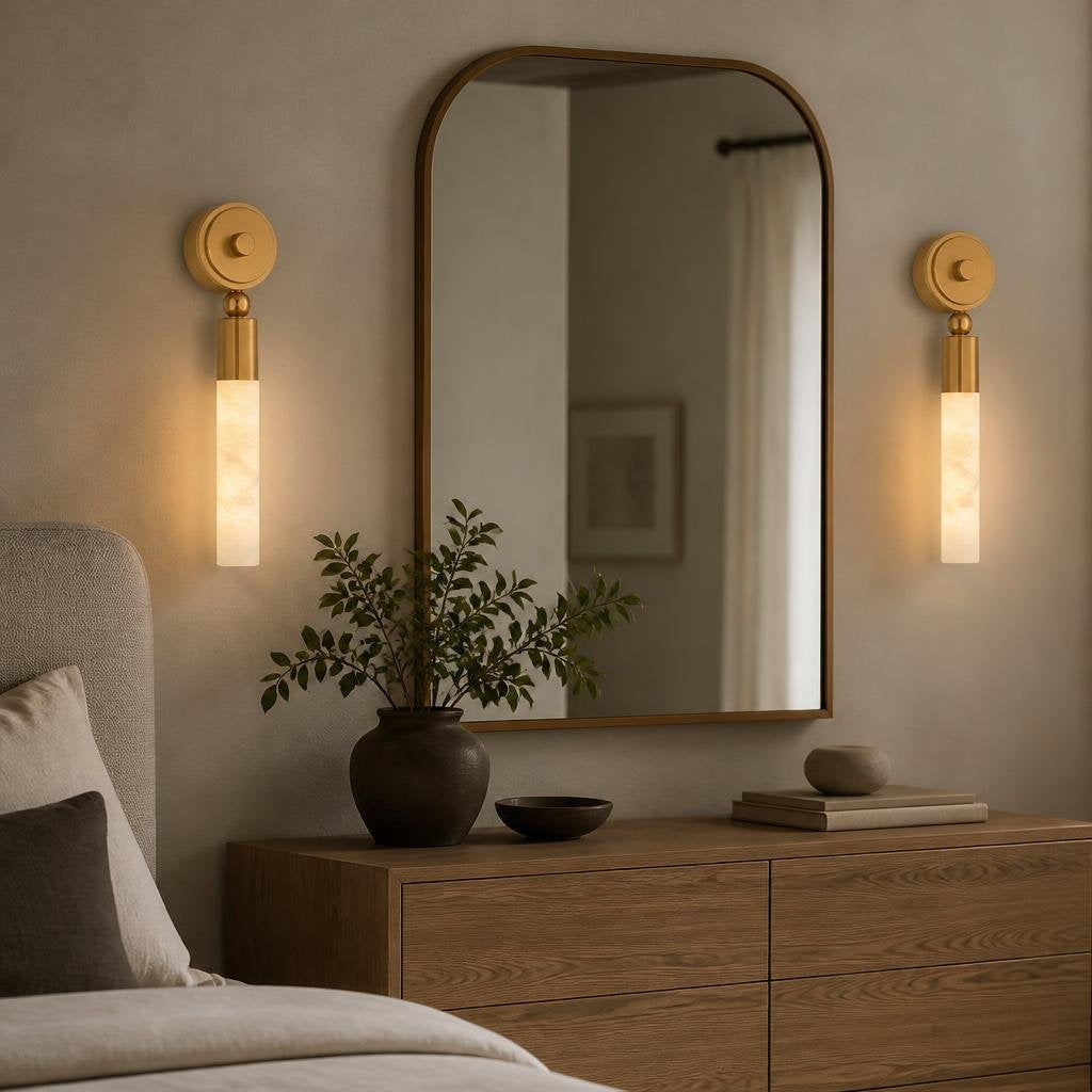 Augustin Wall Sconce in Vintage Brass — 4.25" W × 17.5" H shown in a room (AI room preview)