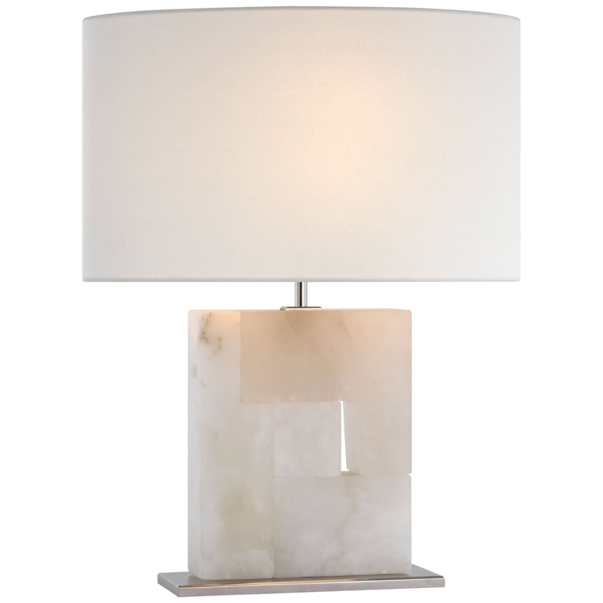 Ian K. Fowler Ashlar Medium Table Lamp in Alabaster and Polished Nickel with Linen Shade W17.5" x H22"