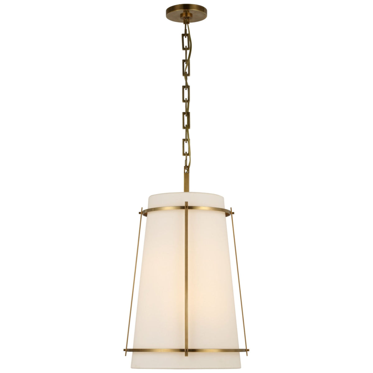 Carrier and Company Callaway Medium Hanging Shade in Hand-Rubbed Antique Brass with Linen Shade and Frosted Acrylic Diffuser W14.5" x H23.5"