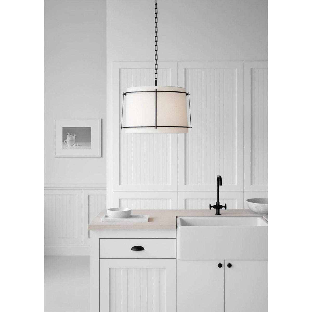 Carrier and Company Callaway Large Hanging Shade in Bronze with Linen Shade and Frosted Acrylic Diffuser W24.5" x H19.25"
