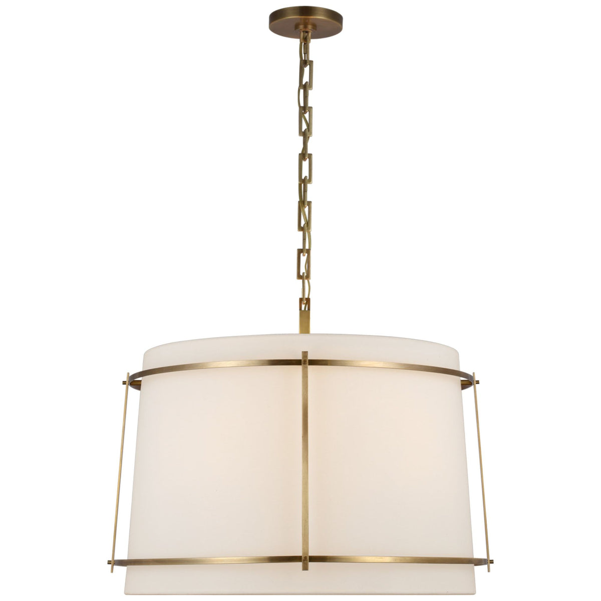 Carrier and Company Callaway Large Hanging Shade in Hand-Rubbed Antique Brass with Linen Shade and Frosted Acrylic Diffuser W24.5" x H19.25"