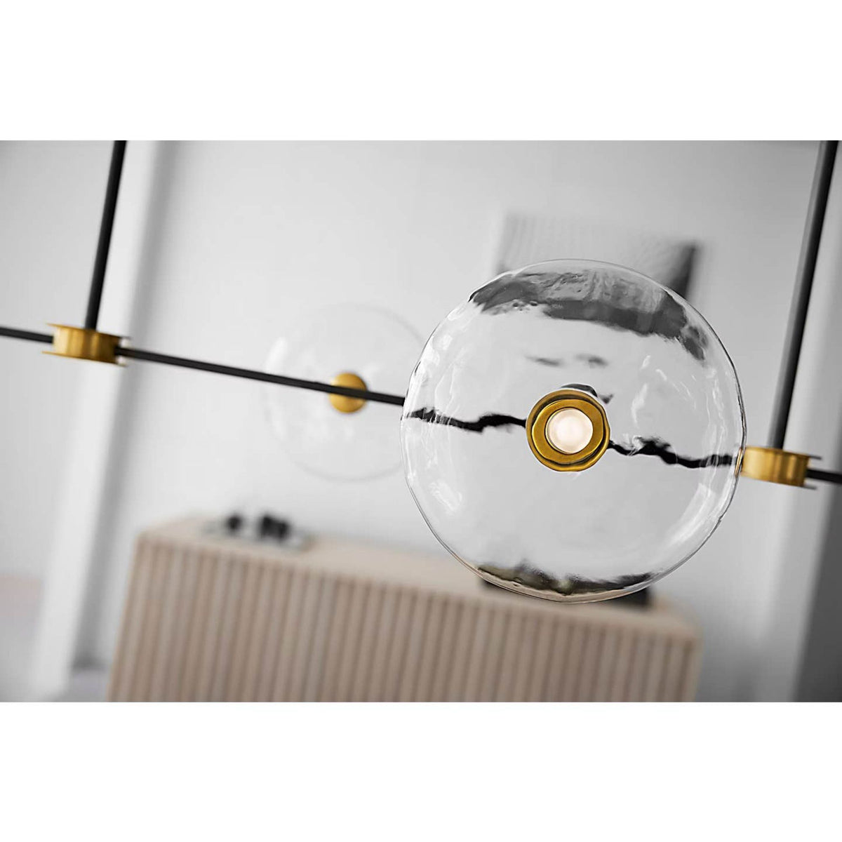 Ian K. Fowler Calvino Large Linear Chandelier in Aged Iron and Hand-Rubbed Antique Brass with Clear Glass W18" x 54"
