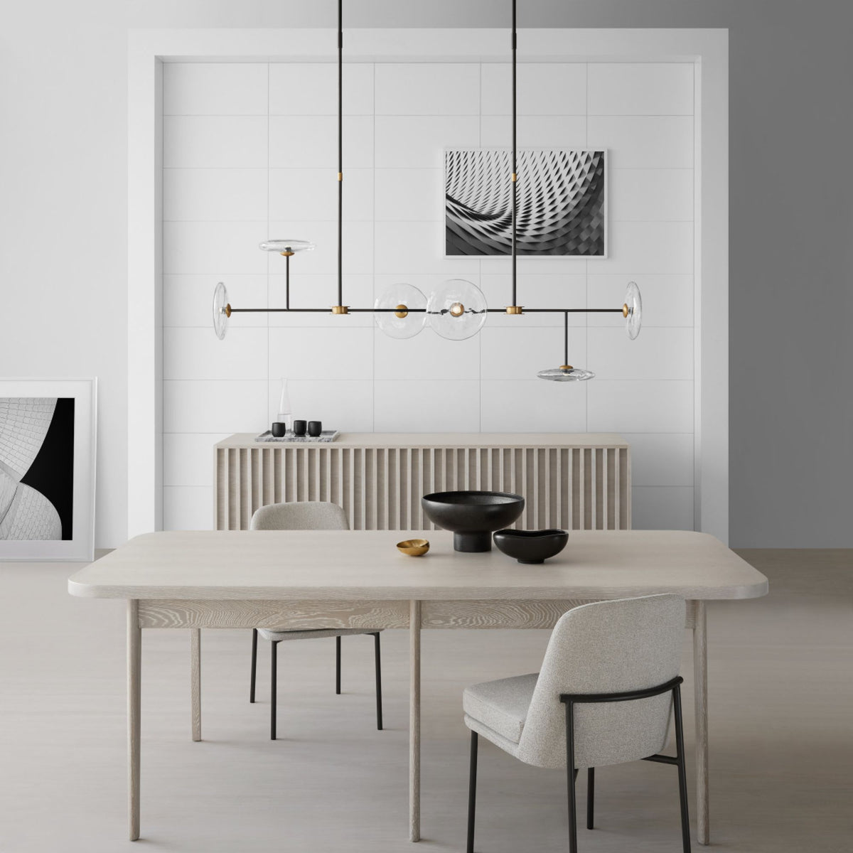Ian K. Fowler Calvino Large Linear Chandelier in Aged Iron and Hand-Rubbed Antique Brass with Clear Glass W18" x 54"