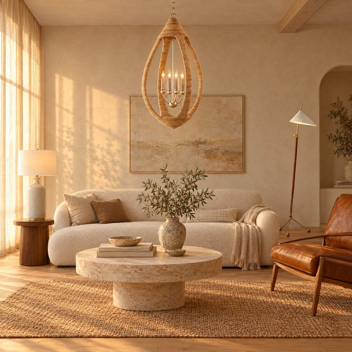 Shop the look: Modern organic living room with a natural rope chandelier over a travertine coffee table, bone ceramic table lamps with linen shades, and an arching antique brass floor lamp