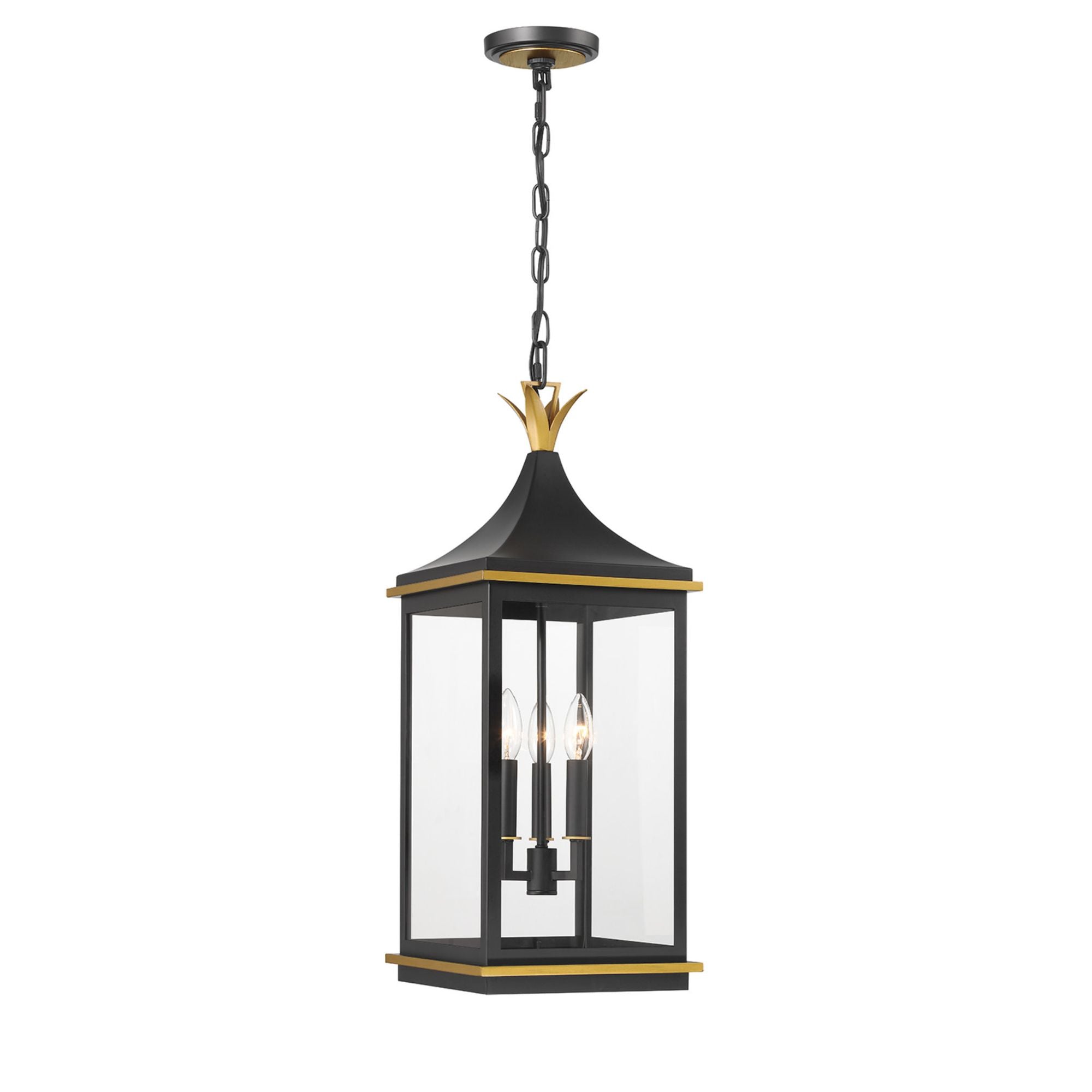 Simpson 3 Light Matte Black + Textured Gold Outdoor Pendant Clear Glass 10"W x 25"H x 10"D