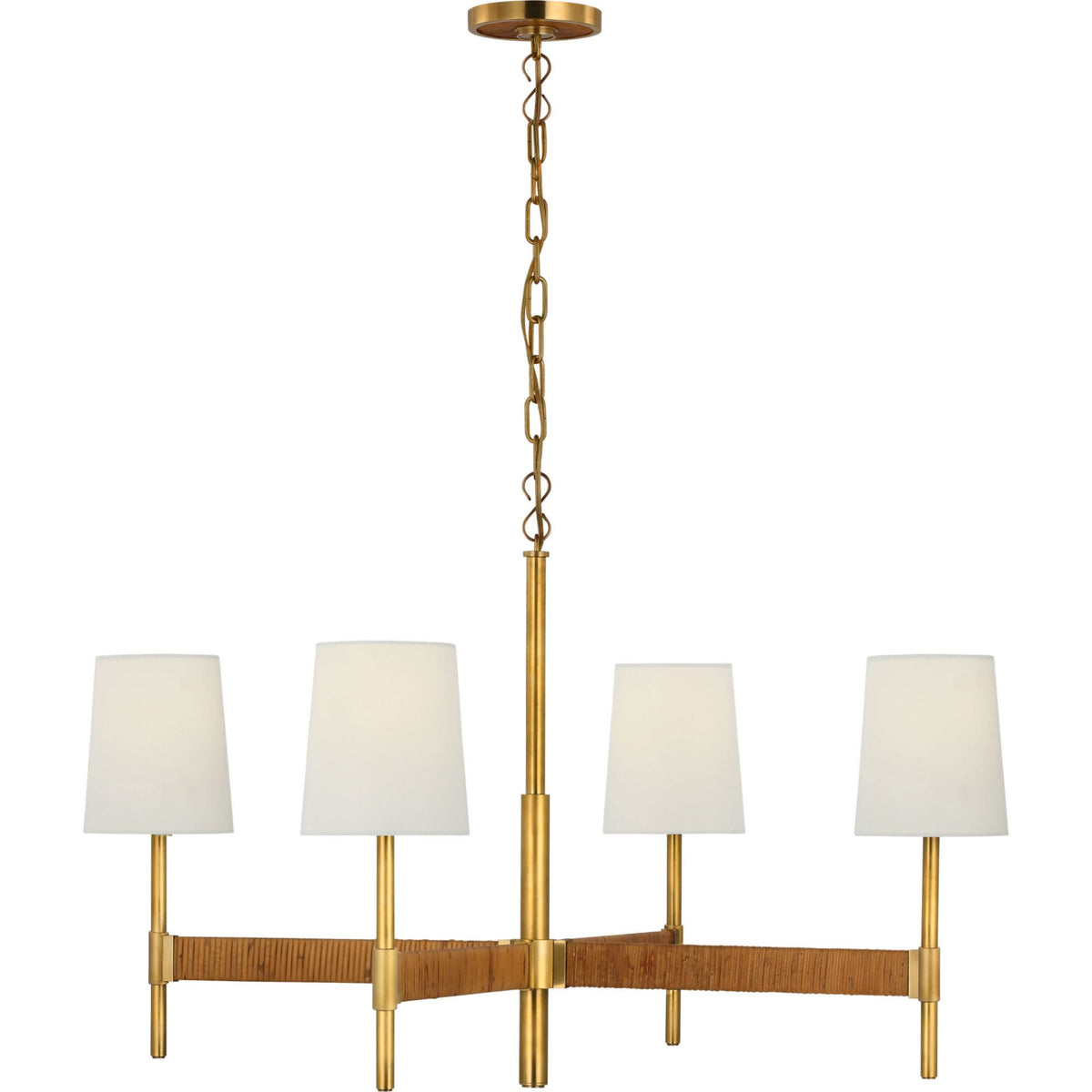 Suzanne Kasler Elle Large Chandelier in Hand-Rubbed Antique Brass and Dark Rattan with Linen Shades W36" x H20.75"