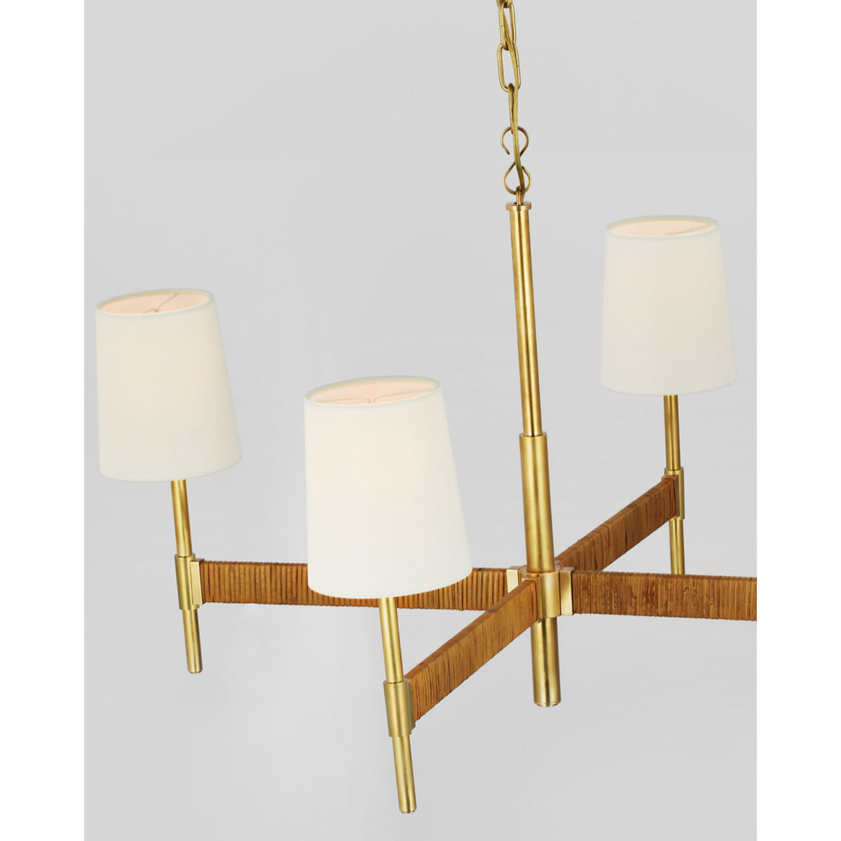 Suzanne Kasler Elle Large Chandelier in Hand-Rubbed Antique Brass and Dark Rattan with Linen Shades W36" x H20.75"