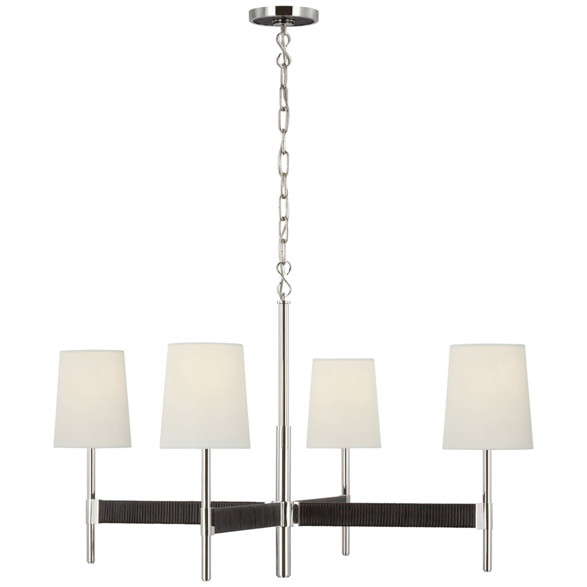 Suzanne Kasler Elle Large Chandelier in Polished Nickel and Black Rattan with Linen Shades W36" x H20.75"