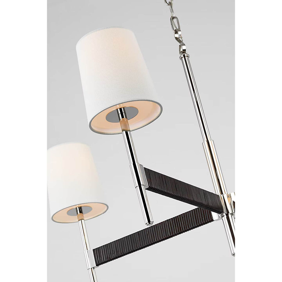Suzanne Kasler Elle Large Chandelier in Polished Nickel and Black Rattan with Linen Shades W36" x H20.75"