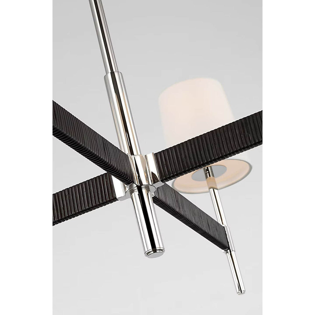 Suzanne Kasler Elle Large Chandelier in Polished Nickel and Black Rattan with Linen Shades W36" x H20.75"