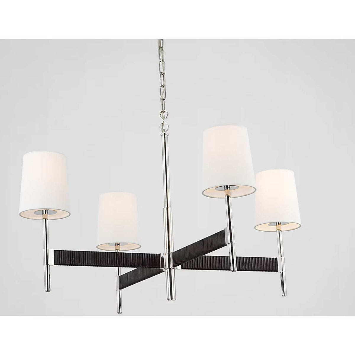 Suzanne Kasler Elle Large Chandelier in Polished Nickel and Black Rattan with Linen Shades W36" x H20.75"