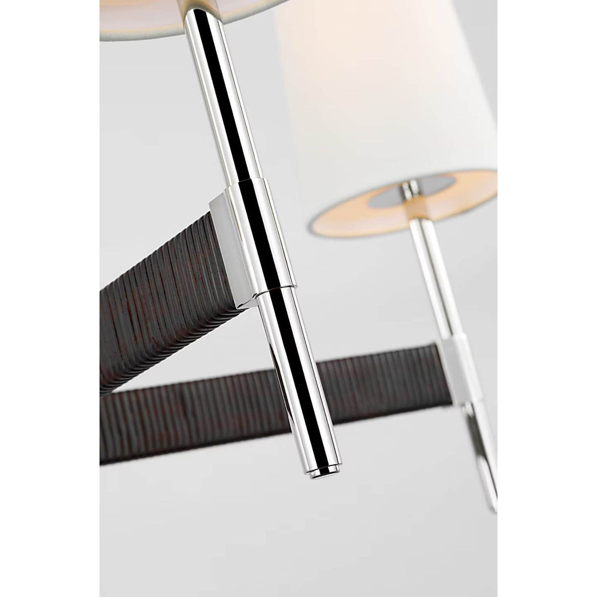 Suzanne Kasler Elle Large Chandelier in Polished Nickel and Black Rattan with Linen Shades W36" x H20.75"