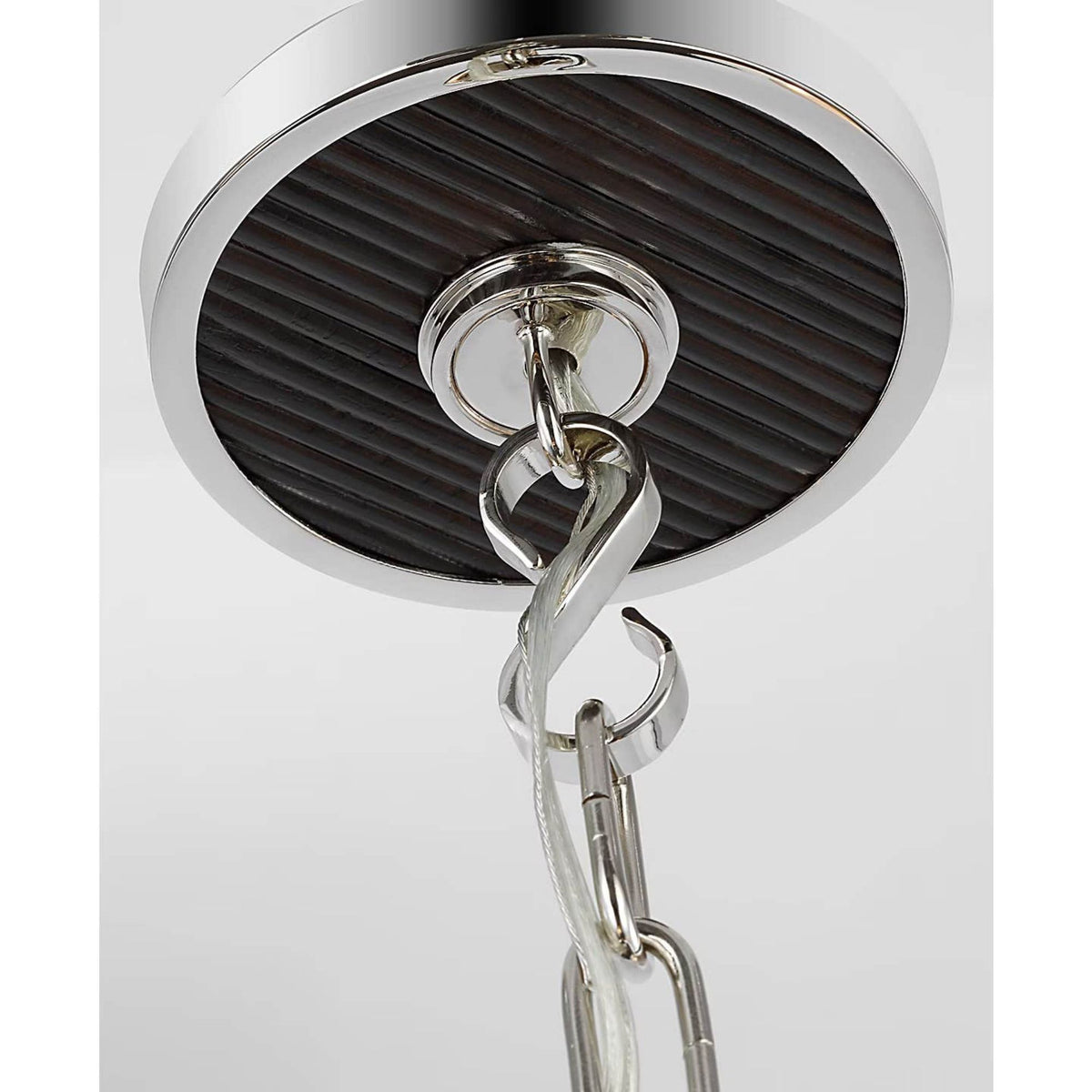 Suzanne Kasler Elle Large Chandelier in Polished Nickel and Black Rattan with Linen Shades W36" x H20.75"