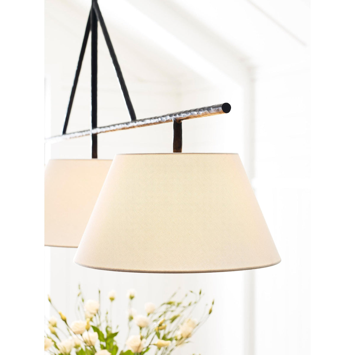 Suzanne Kasler Collette Large Linear Pendant in Aged Iron with Linen Shade W16" x 57.5"