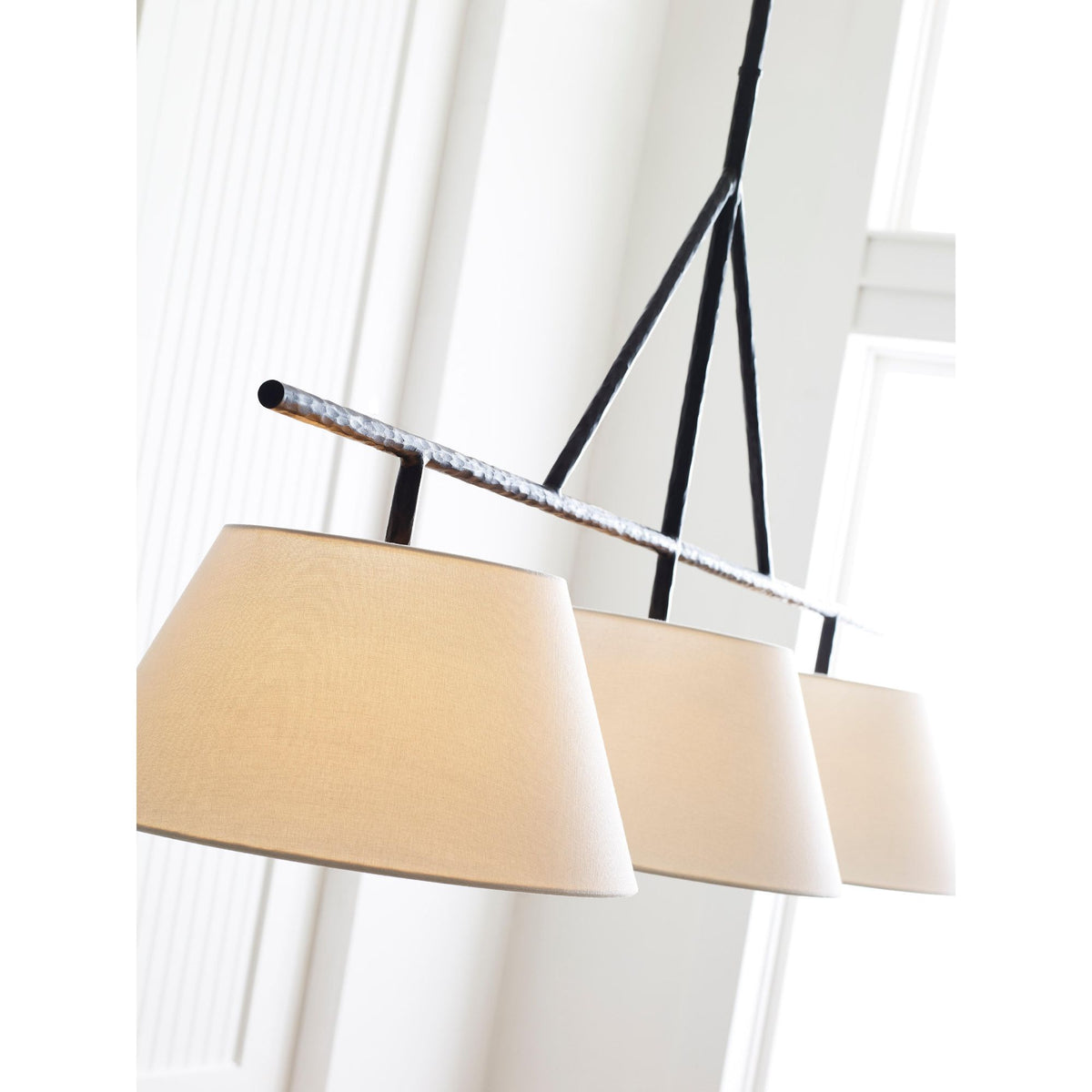 Suzanne Kasler Collette Large Linear Pendant in Aged Iron with Linen Shade W16" x 57.5"
