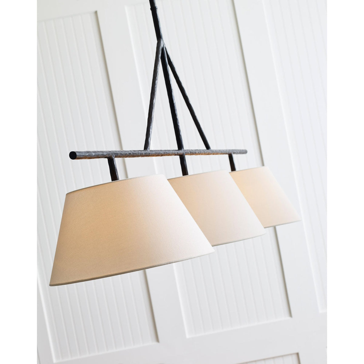 Suzanne Kasler Collette Large Linear Pendant in Aged Iron with Linen Shade W16" x 57.5"