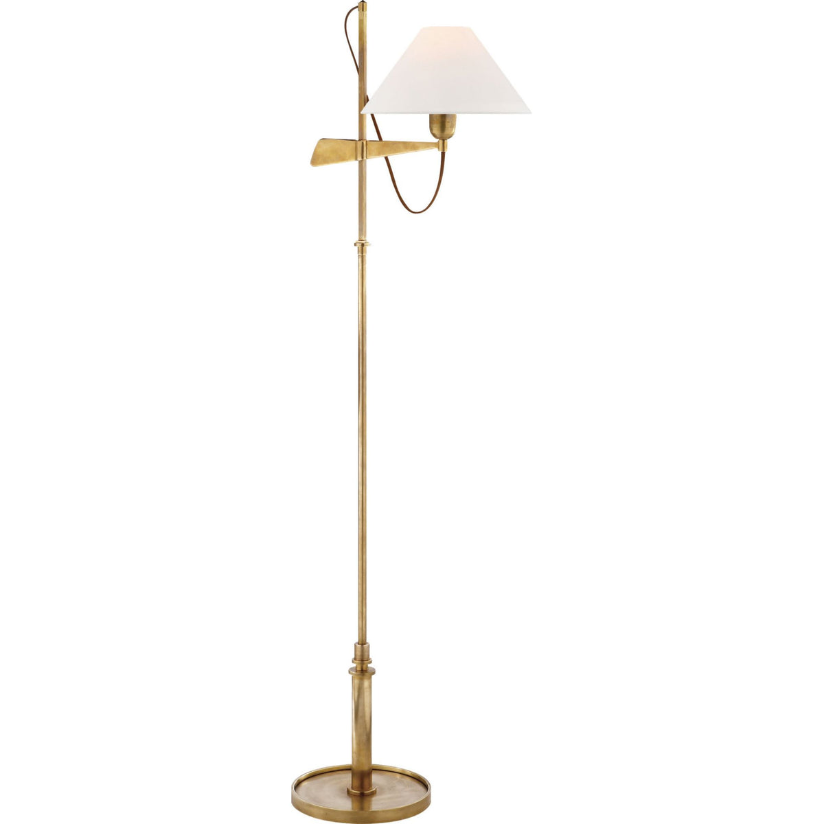 J. Randall Powers Hargett Bridge Arm Floor Lamp in Hand-Rubbed Antique Brass with Linen Shade H56.5" - 63.75" x E17.5"