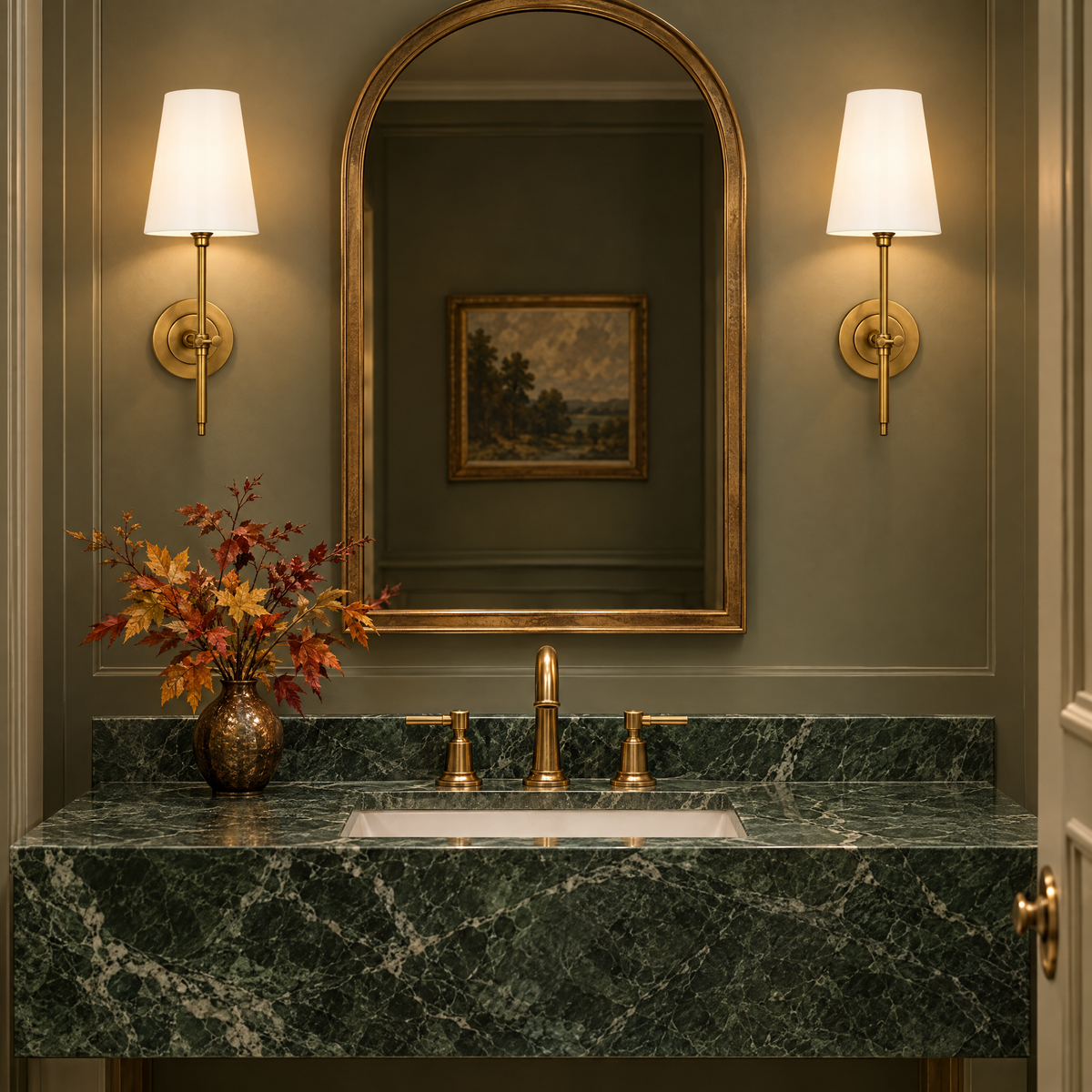 Powder room with Thomas O'Brien Bryant bath sconces in hand-rubbed antique brass