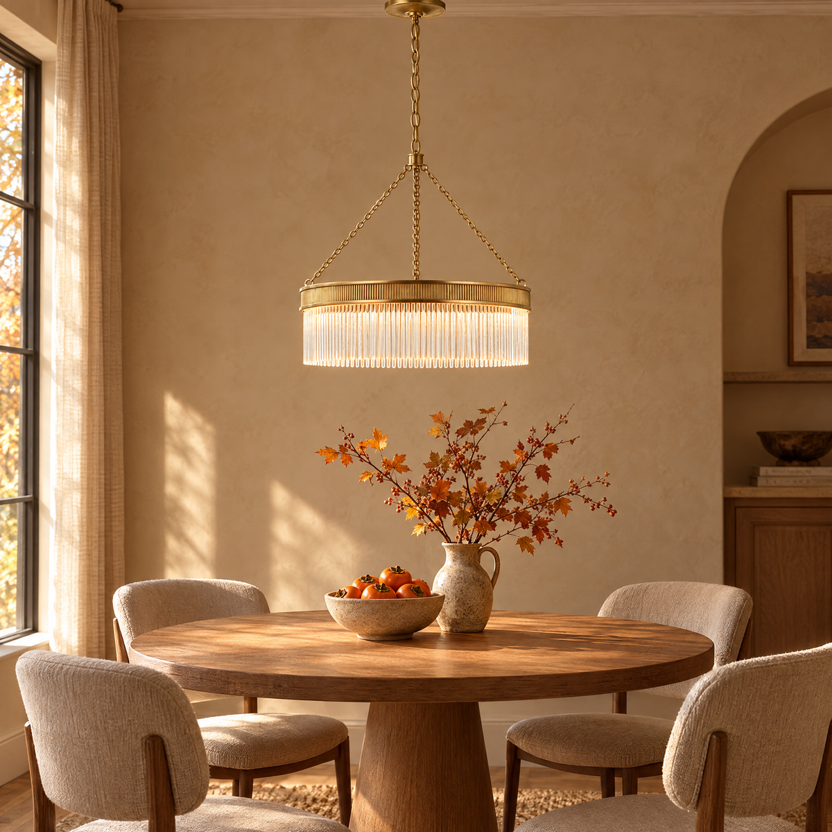 Dining nook with a Marie Flanigan Menil chandelier with crystal rods