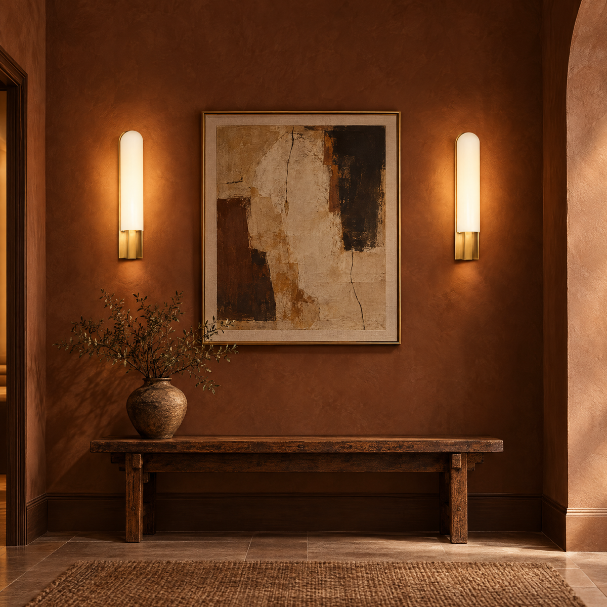 Hallway with Kelly Wearstler Trouve sconces in antique-burnished brass