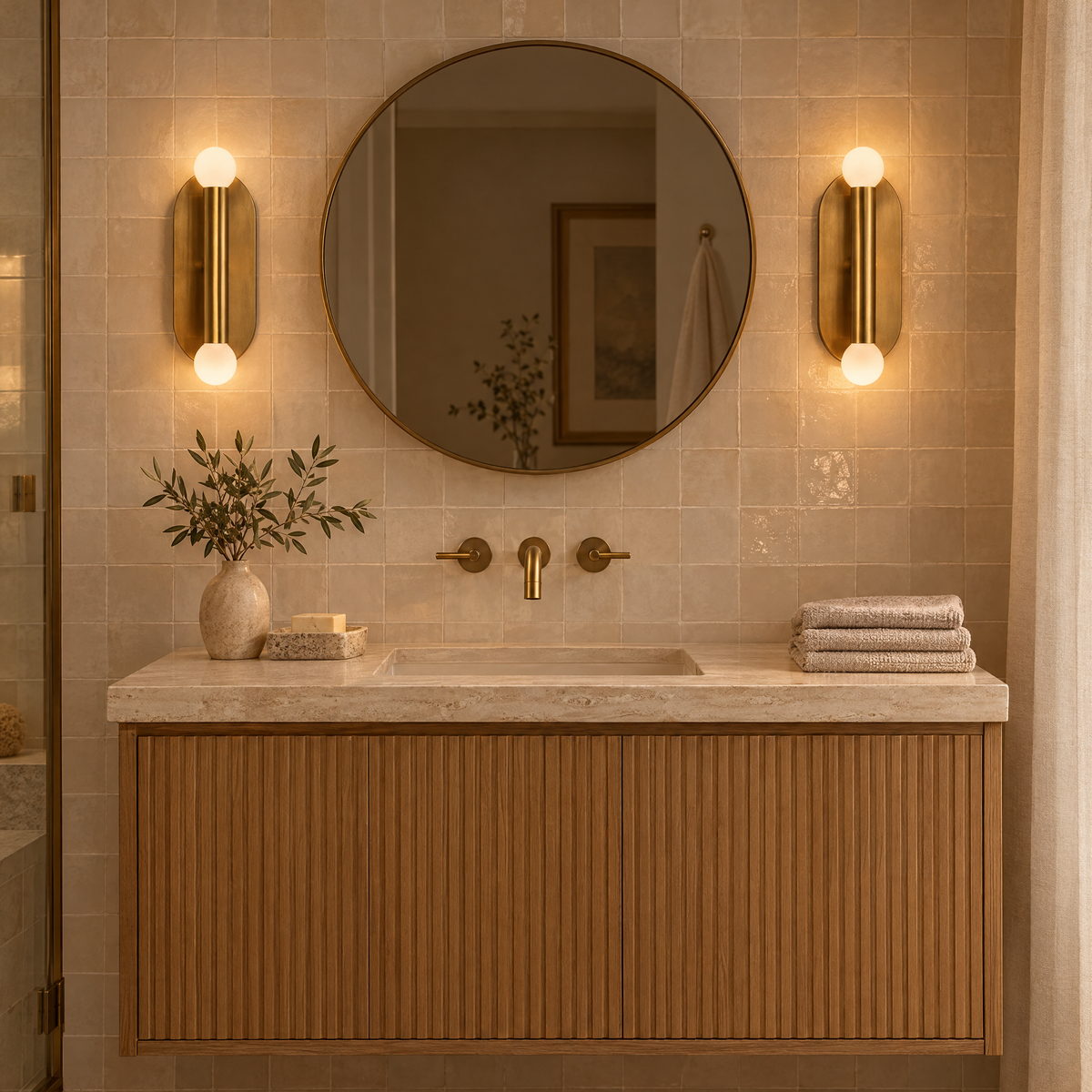 Bathroom vanity with Kelly Wearstler Rousseau vanity sconces