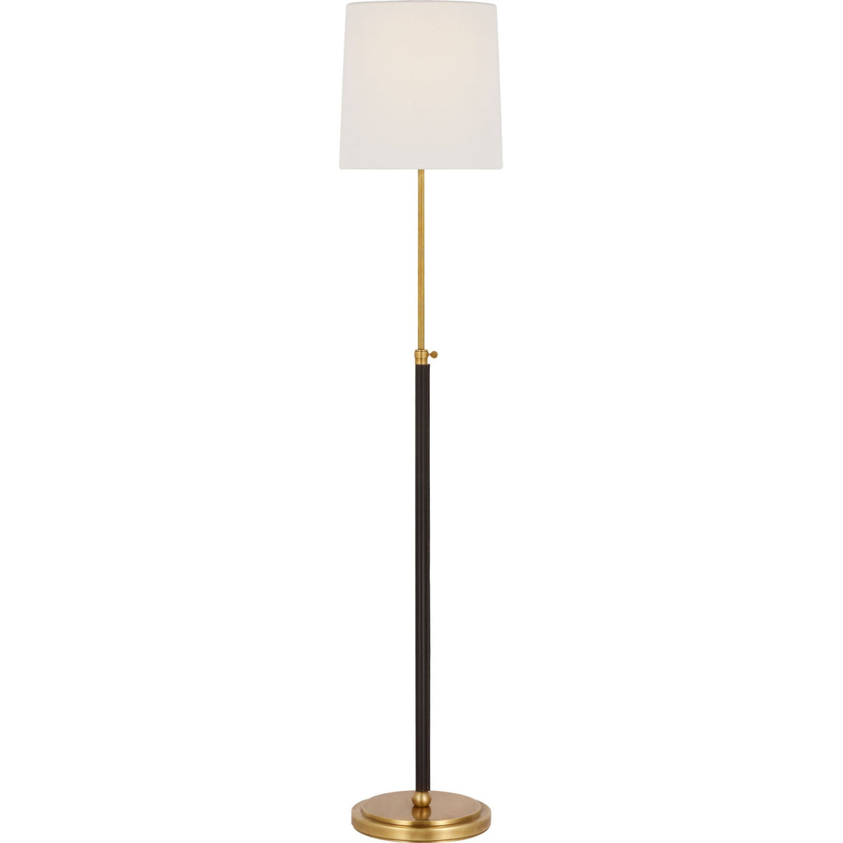 Thomas O'Brien Bryant Wrapped Floor Lamp in Hand-Rubbed Antique Brass and Chocolate Leather with Linen Shade W12" x H45.25" - 62"