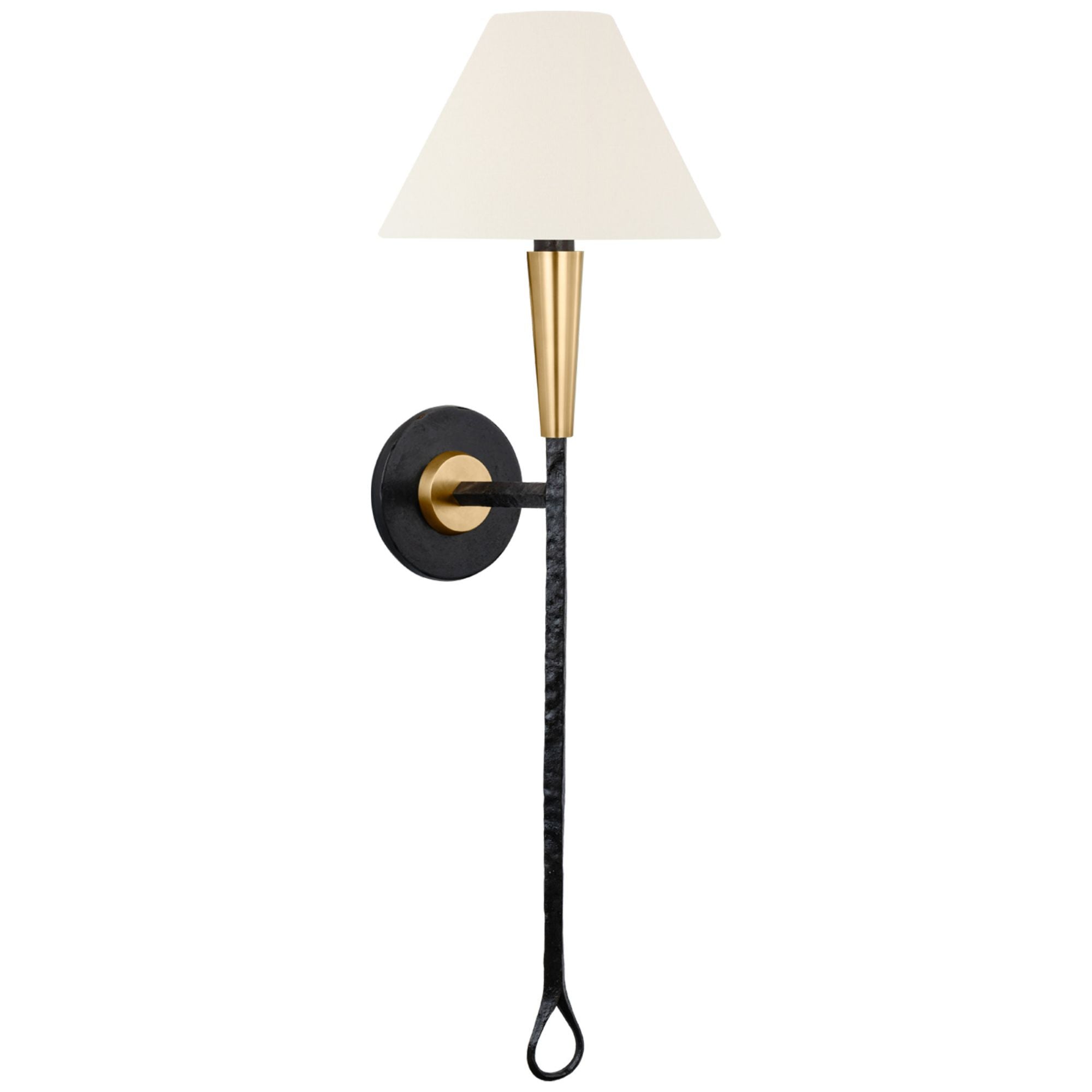 Thomas O'Brien Cavalli 27" Tail Sconce in Aged Iron and Hand-Rubbed Antique Brass with Linen Shade Wall Light W8.5" x H27"