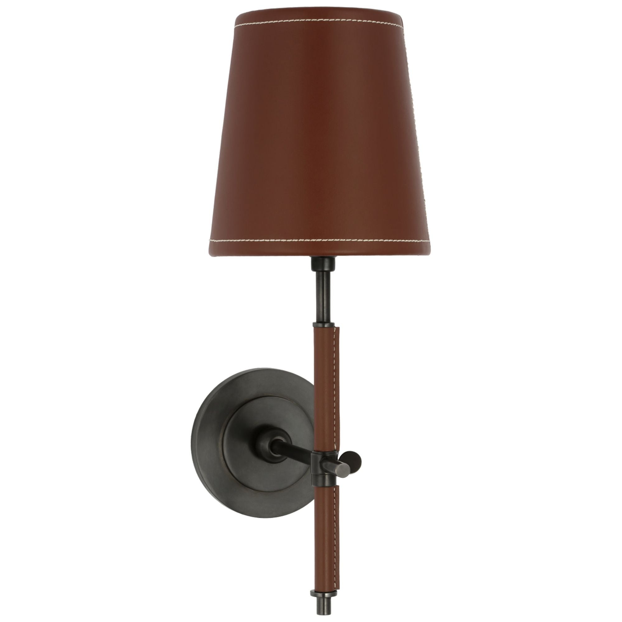 Thomas O'Brien Bryant Wrapped Sconce in Bronze and Saddle Leather with Saddle Leather Shade Wall Light W5.5" x H14.5"