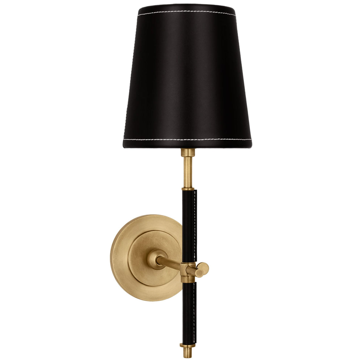 Thomas O'Brien Bryant Wrapped Sconce in Hand-Rubbed Antique Brass and Chocolate Leather with Chocolate Leather Shade W5.5" x H14.5" x E8.75"
