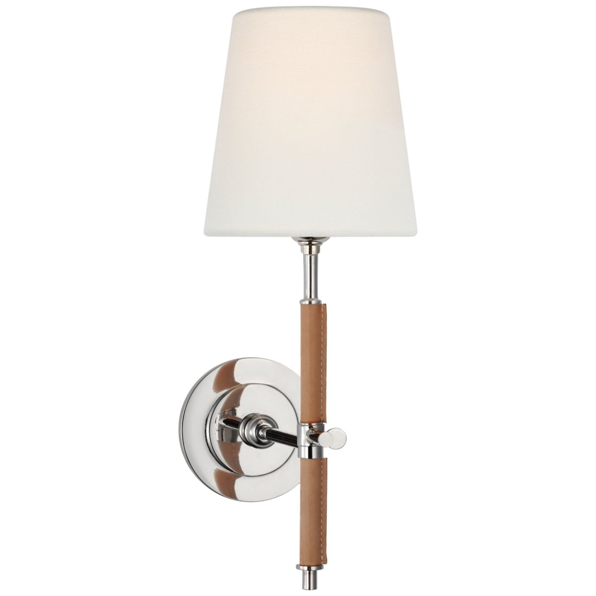 Thomas O'Brien Bryant Wrapped Sconce in Polished Nickel and Natural Leather with Linen Shade W5.5" x H14.5" x E8.75"
