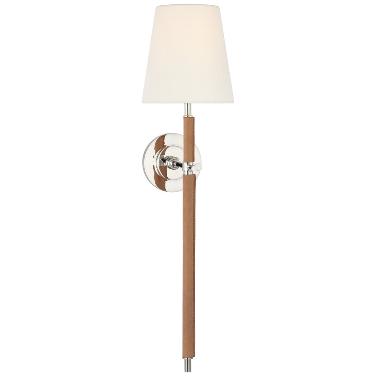 Thomas O'Brien Bryant Large Wrapped Tail Sconce in Polished Nickel and Natural Leather with Linen Shade W6.5" x H26" x E9.25"