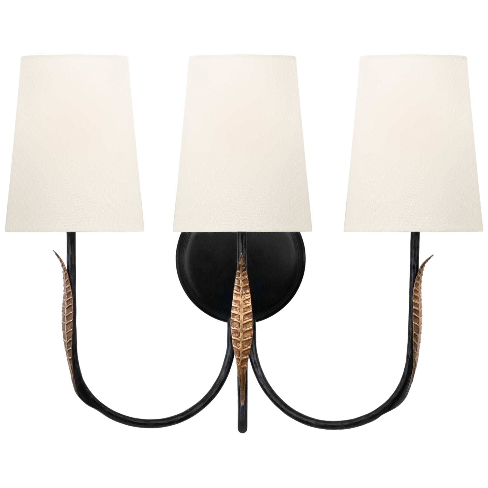 Thomas O'Brien Kairos 14" Triple Sconce in Aged Iron and Roman Bronze with Linen Shades Wall Light W17.5" x H14.25"