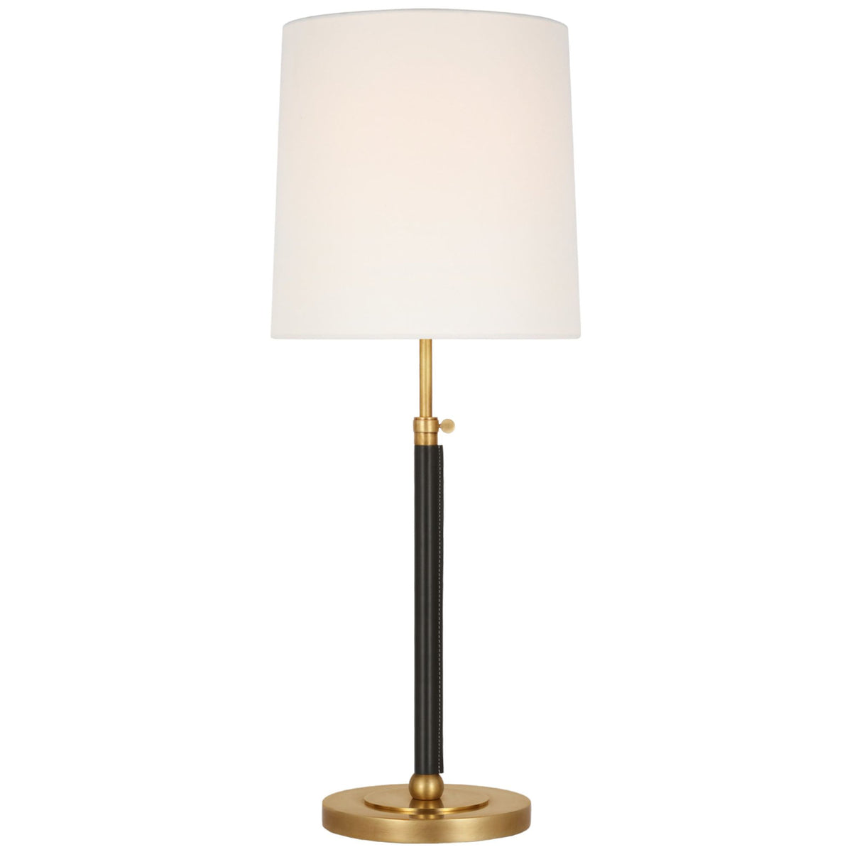 Thomas O'Brien Bryant Large Wrapped Table Lamp in Hand-Rubbed Antique Brass and Chocolate Leather with Linen Shade W12" x H28" - 32"