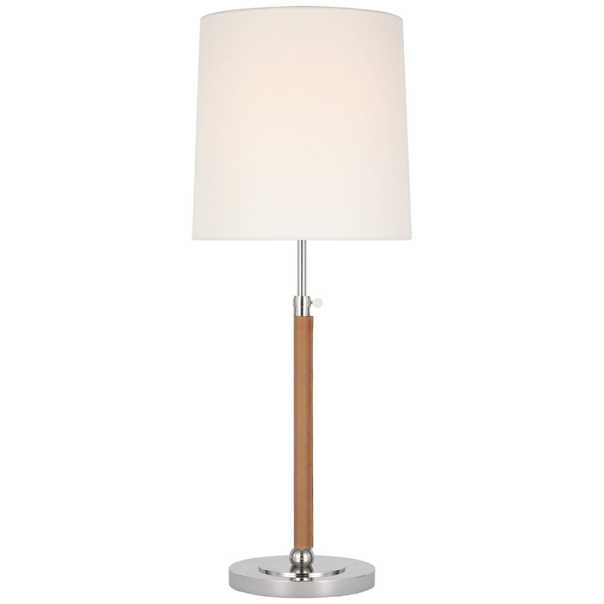 Thomas O'Brien Bryant Large Wrapped Table Lamp in Polished Nickel and Natural Leather with Linen Shade W12" x H28" - 32"