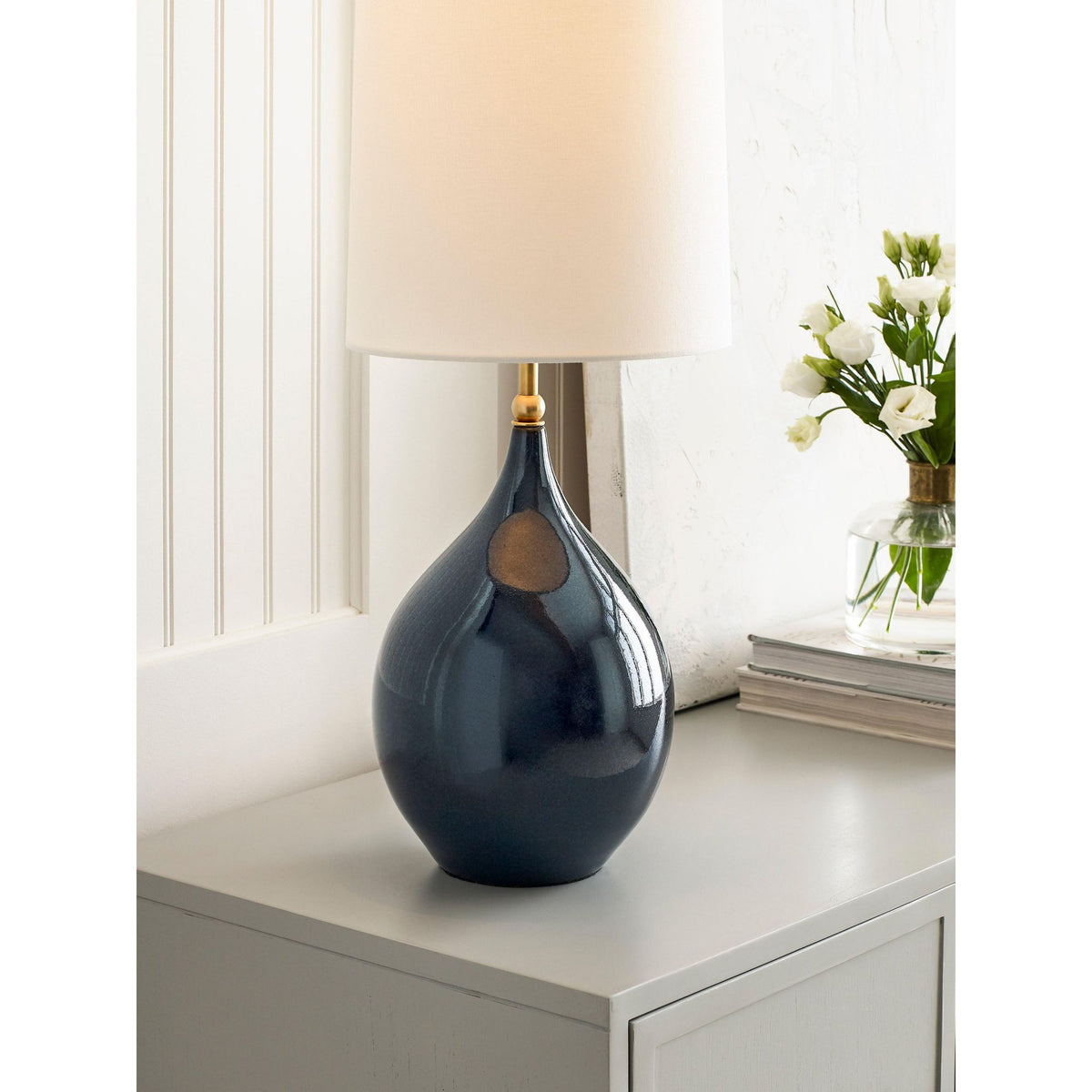 Thomas O'Brien Loren Large Table Lamp in Mixed Blue Brown with Linen Shade W10.25" x H31.25"