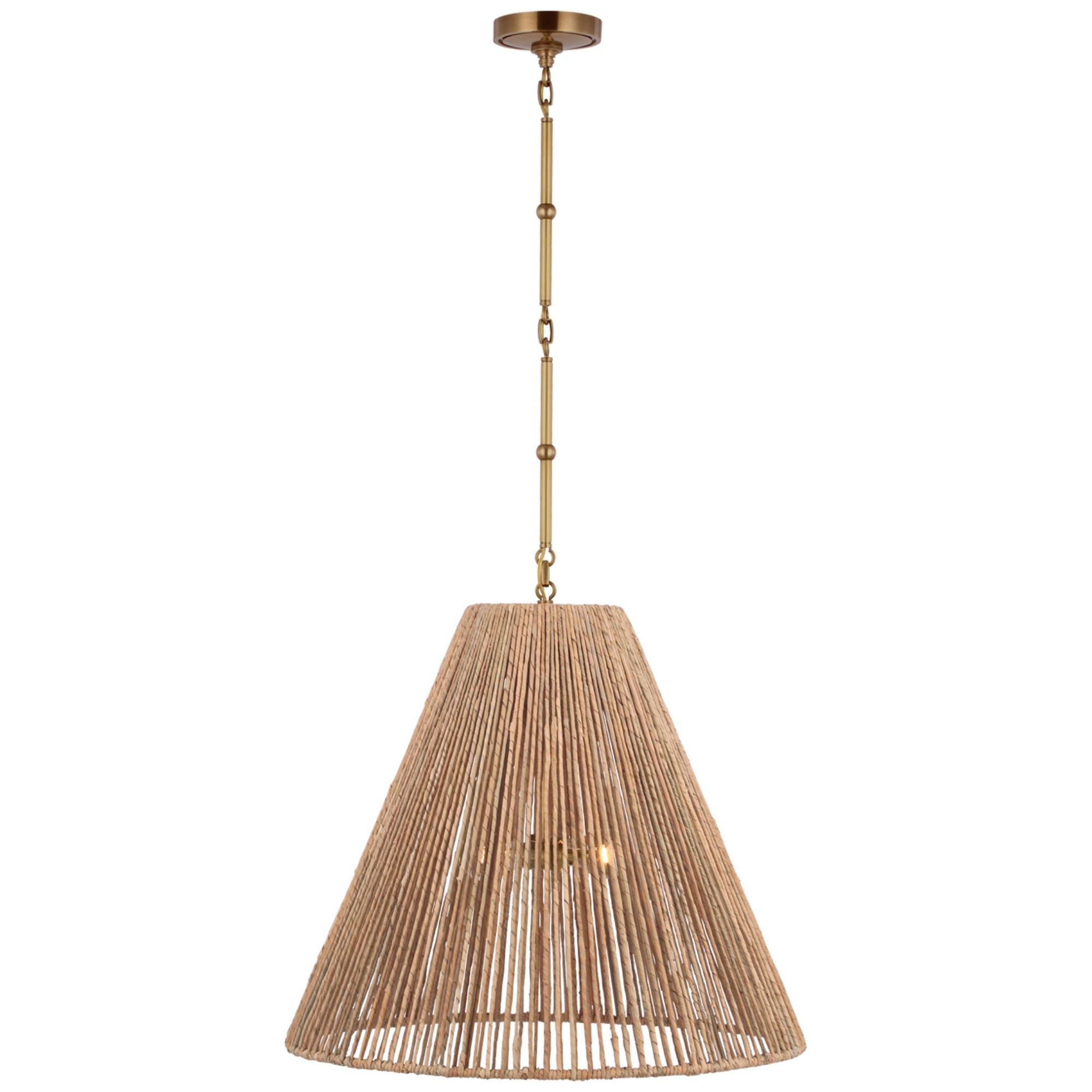 Thomas O'Brien Goodman Large Hanging Lamp in Hand-Rubbed Antique Brass with Natural Abaca Shade Ceiling Light W24"