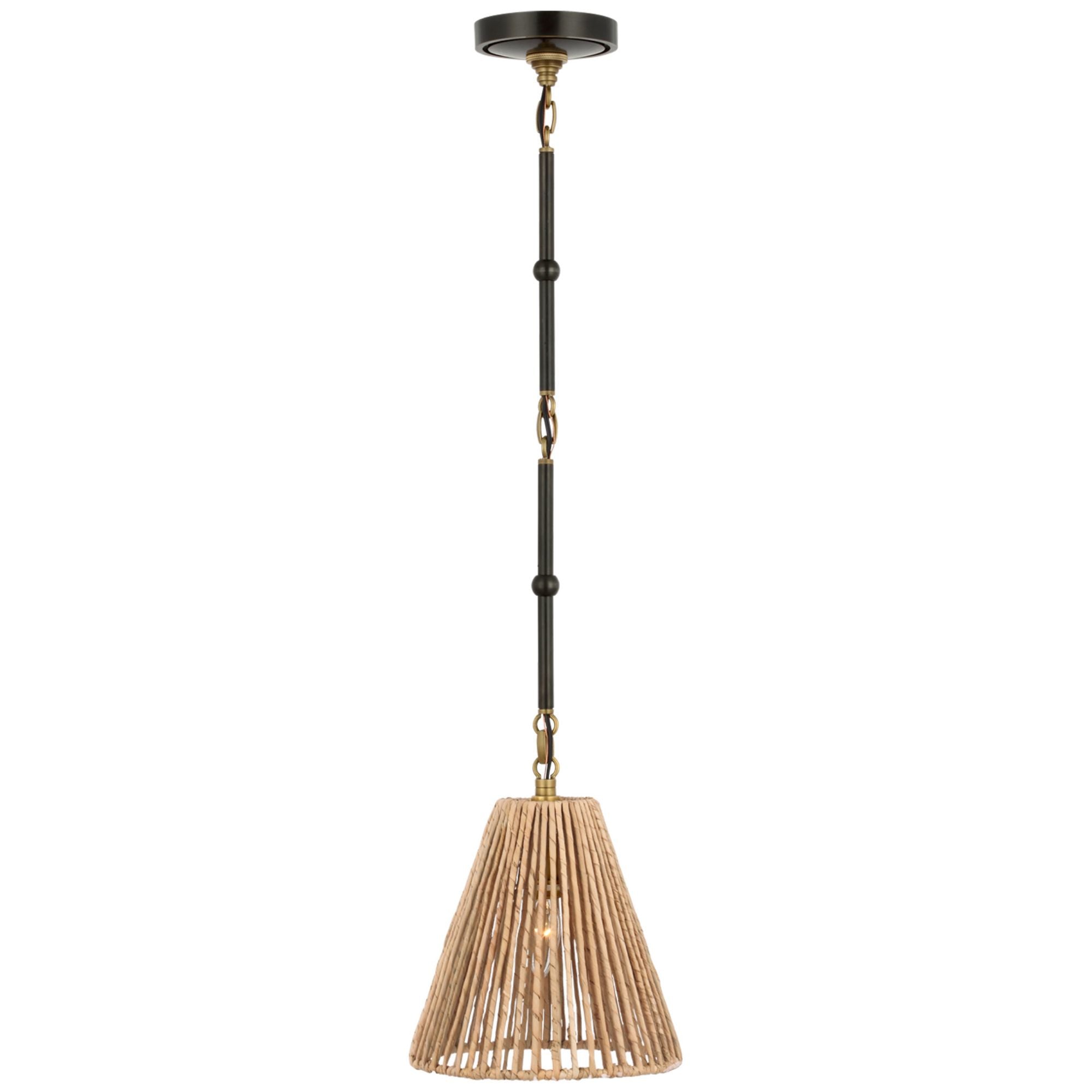 Thomas O'Brien Goodman Petite Hanging Shade in Bronze and Hand-Rubbed Antique Brass with Natural Abaca Shade Ceiling Light W9.5"